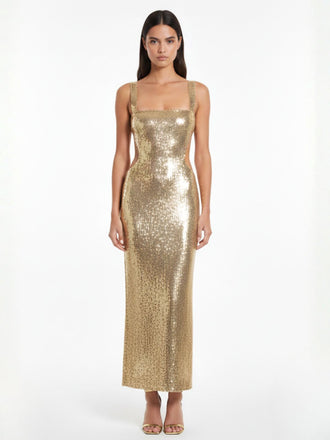 Gold Sequined Backless Evening Maxi Dress