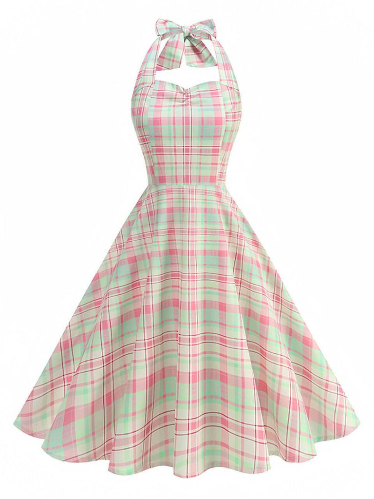 Pale Pink 1950s Plaid Halter Backless Dress