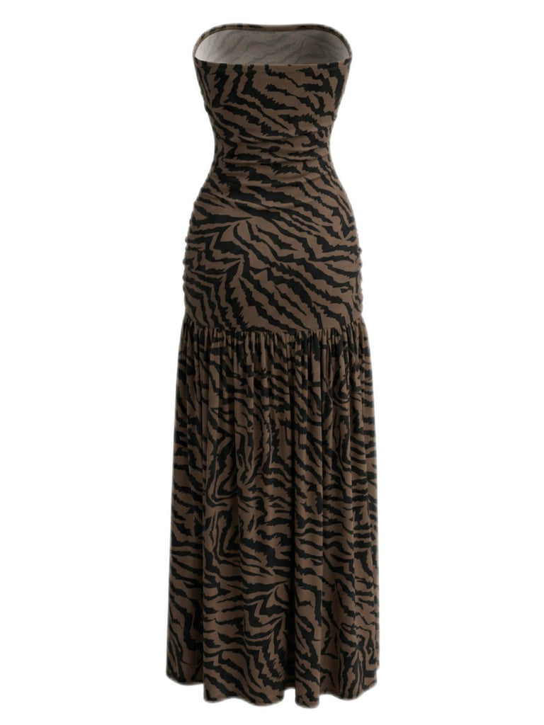Back view: 1930s 1930s Bandeau Zebra Print Mesh Split Dress, perfect for retro themed parties, vintage fashion enthusiasts and special occasions