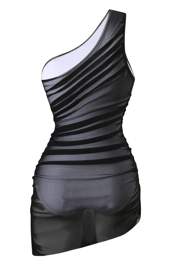 1940s Solid Mesh Pleated One-Shoulder Swimsuit