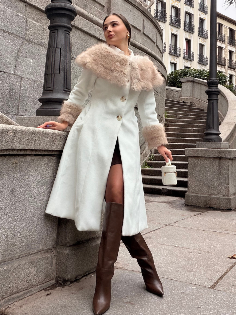 Cream 1950s Multi-Layer Fur Collar Patchwork Coat