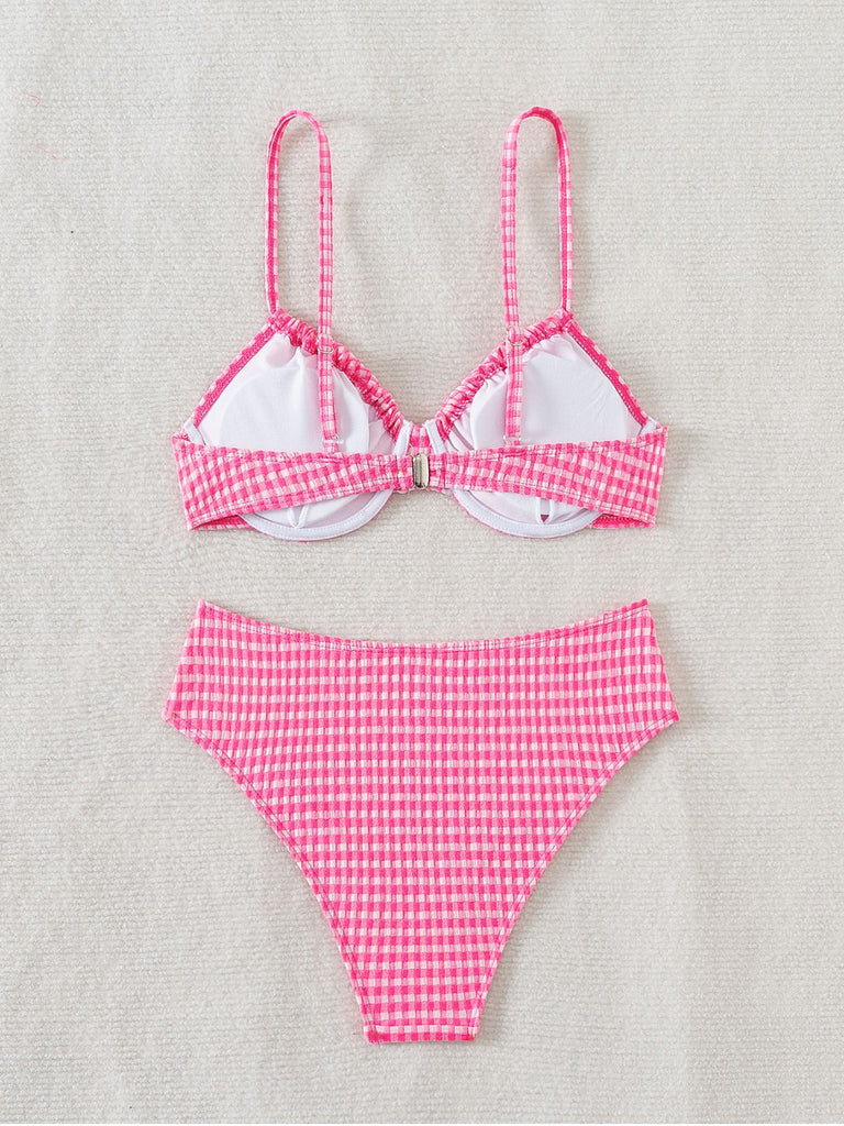 Pink 1950s Plaid Lace-Up Bikini Set