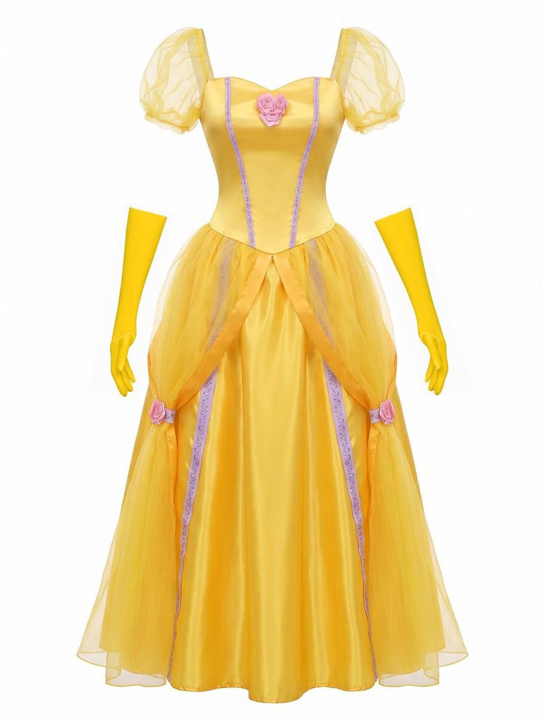 Yellow 1970s Princess Rose Bow Puff Sleeve Dress Set