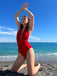 Red 1930s Retro Halter Solid One-piece Swimsuit