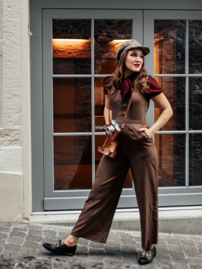 Red 1930s Mesh Patchwork Vertical Stripe Jumpsuit