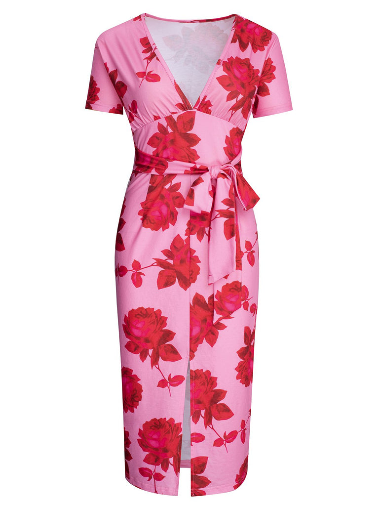 Pink 1960s V-Neck Floral Tie Split Dress