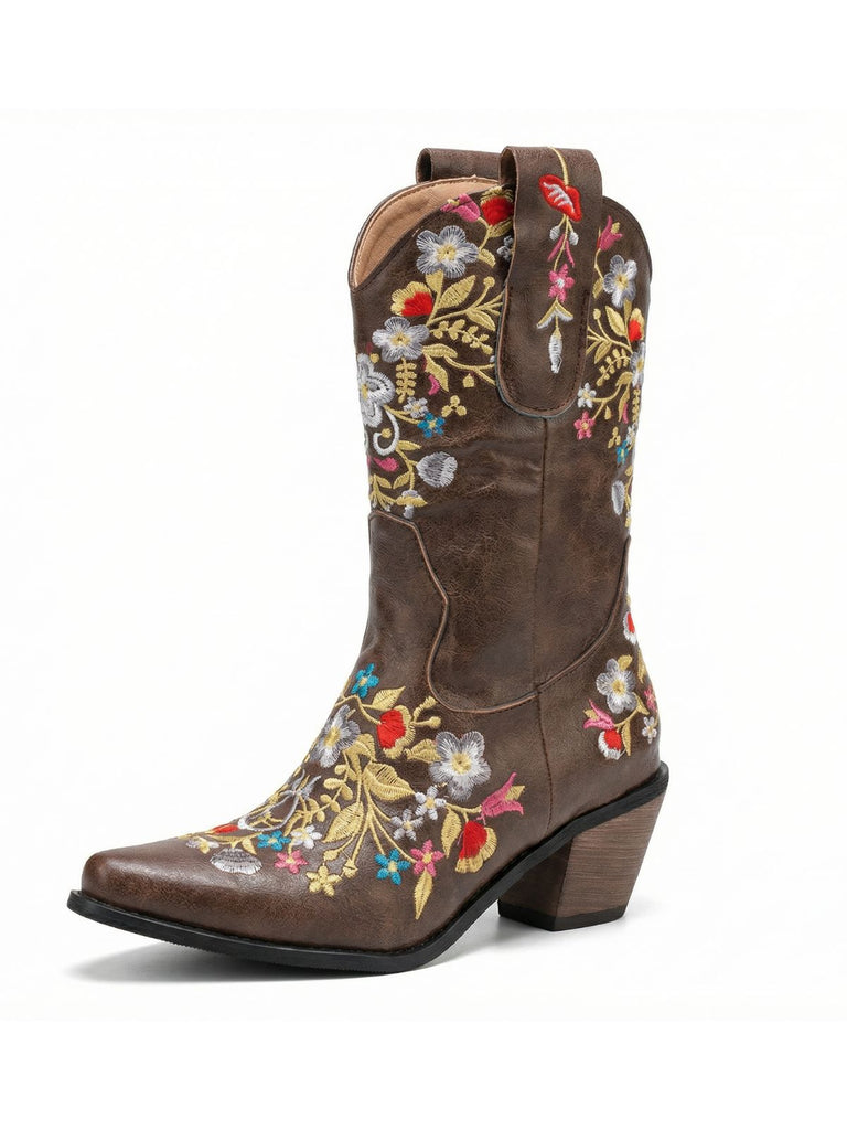 Vintage Pointed Embroidered Floral Chunky Heel Boots