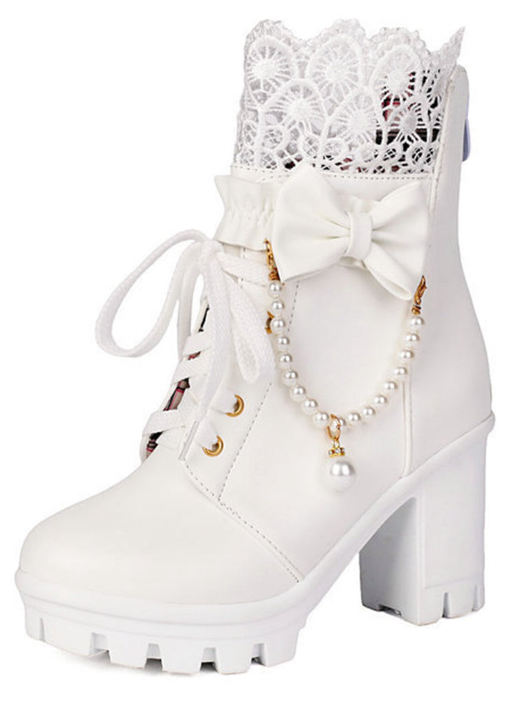 Vintage Lace Beaded Bow Chunky Heels Boots