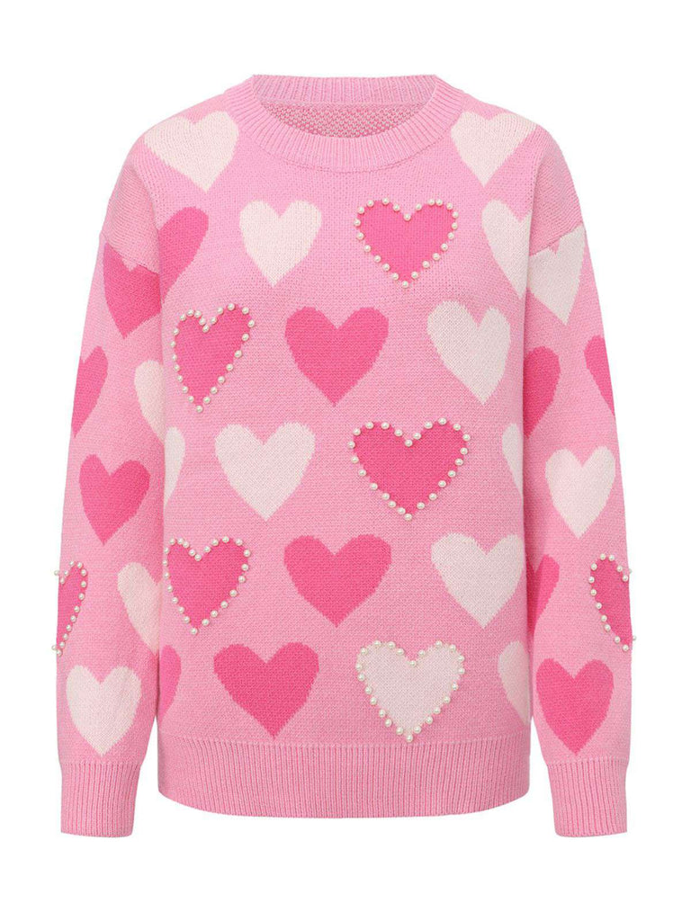 Pink 1950s Valentine's Day Heart Pearl Sweater
