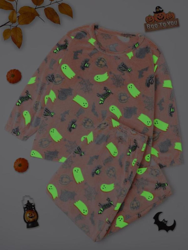 2PCS Orange 1970s Halloween Glowing Print Flannel Pajama Set