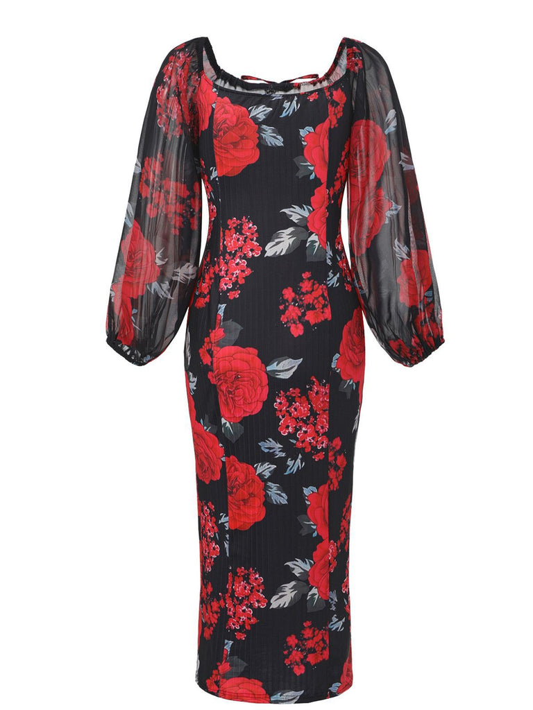 1960s French Tea Floral Off-Shoulder Bodycon Dress