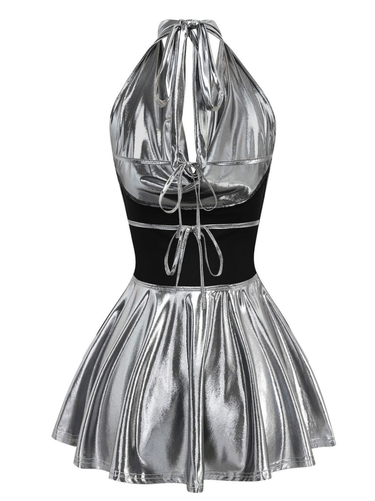 1970s Metallic V-Neck Pleated Mini Dress