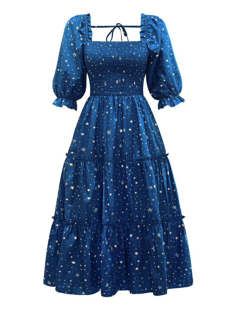 Blue 1950s Christmas Starry Sky Cake Lantern Parent-Child Dress