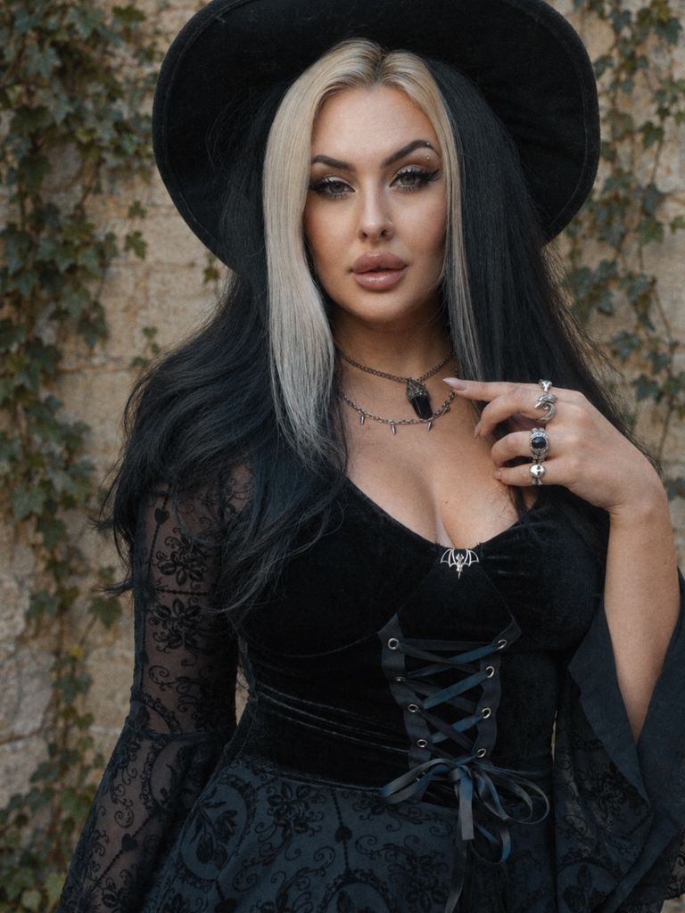 Black 1960s Gothic Flocked Dress