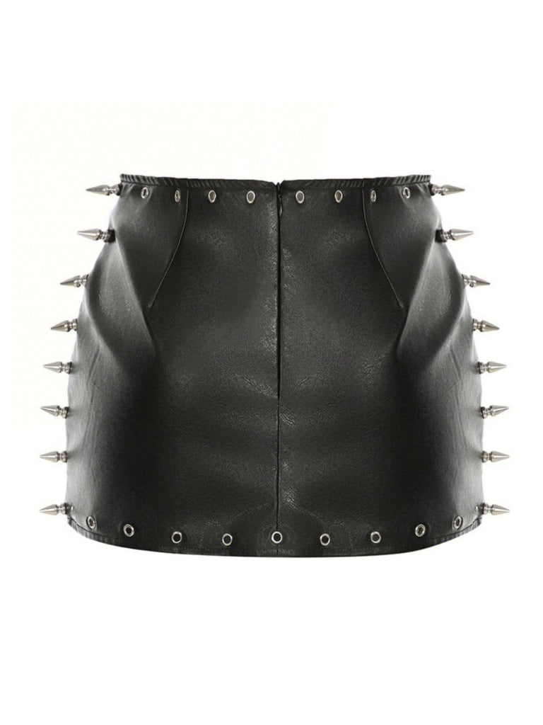 Black 1970s Gothic Punk Spike Leather Mini Skirt