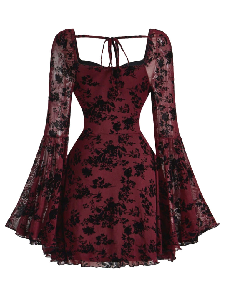 [Pre-Sale] Wine Red 1950s Lace Floral Bishop Sleeves Dress