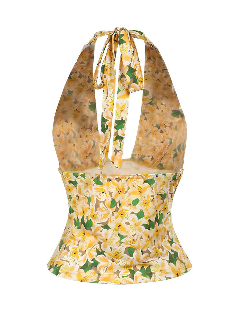 Yellow 1950s Halter Deep V-Neck Lily Top