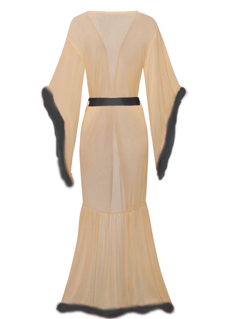 1930s Solid Feather Trim Lace-Up Mesh Robe