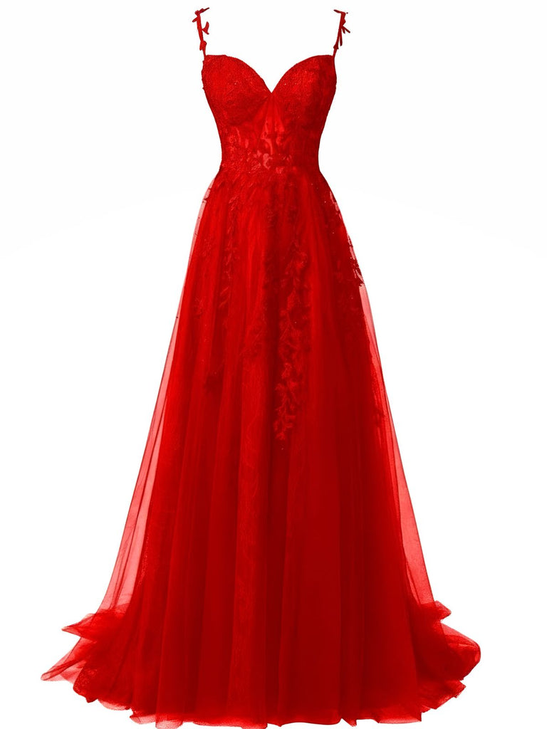 Red 1930s Spaghetti Strap Lace Tulle Maxi Dress