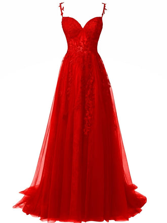 Red 1930s Spaghetti Strap Lace Tulle Maxi Dress