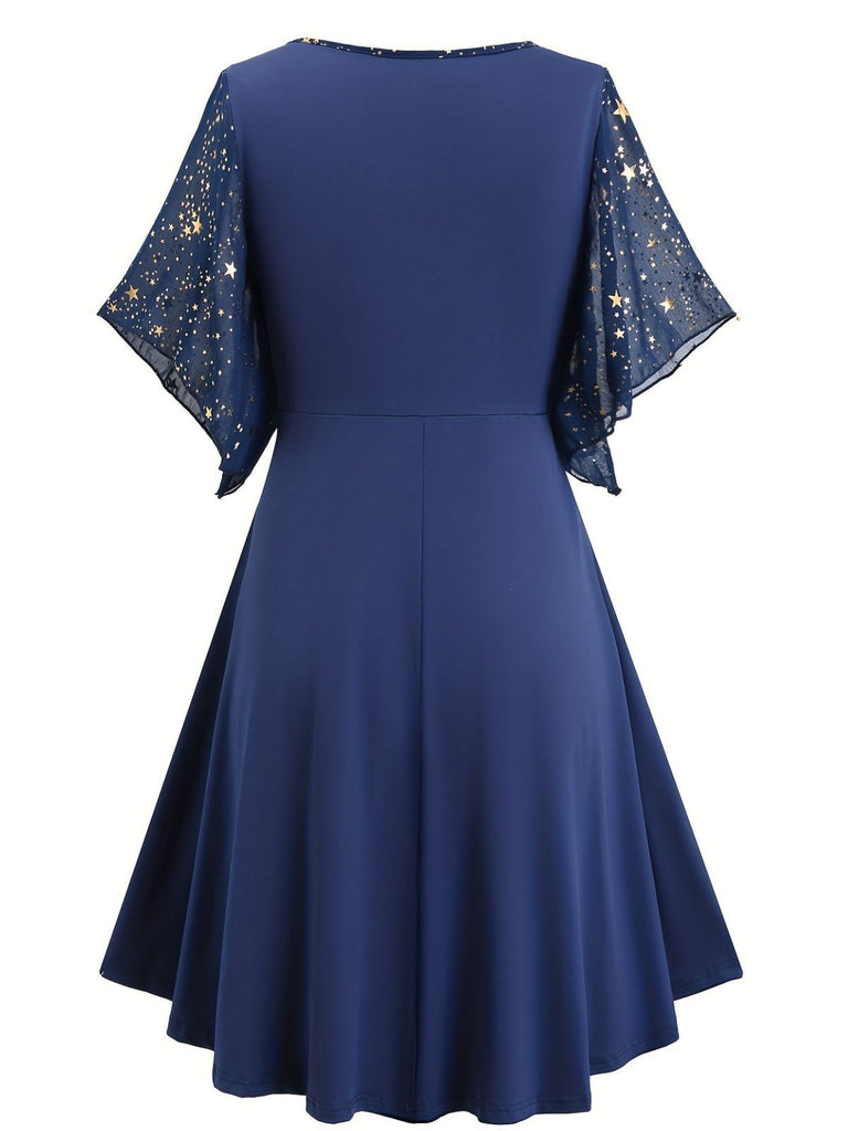 [Plus Size] Navy Blue 1970s Star Print Ruffle Flounce Sleeve Dress