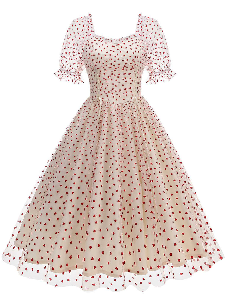 1950s Puff Sleeve Valentine Heart Mesh Dress