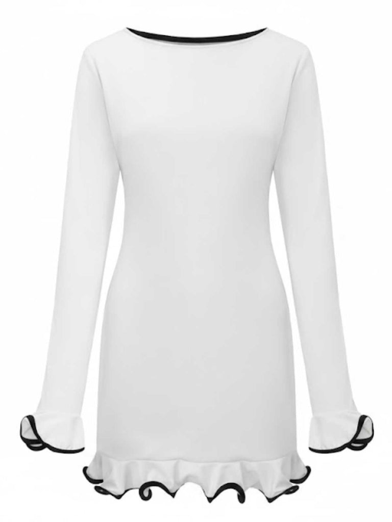 Pink 1960s Ruffle Hem Long Sleeve Dress