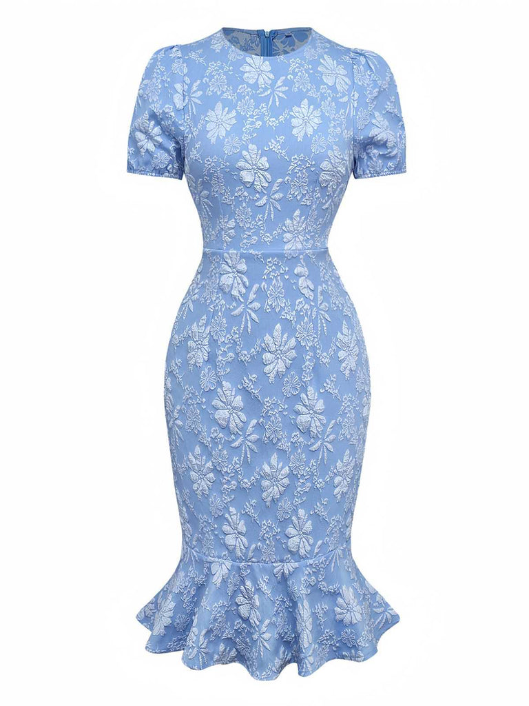 Light Blue 1930s Daisy Puff Sleeve Dress