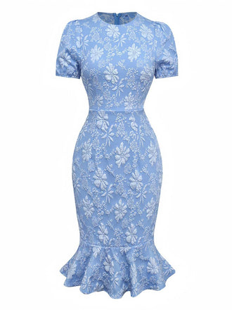 Light Blue 1930s Daisy Puff Sleeve Dress