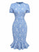 Light Blue 1930s Daisy Puff Sleeve Dress