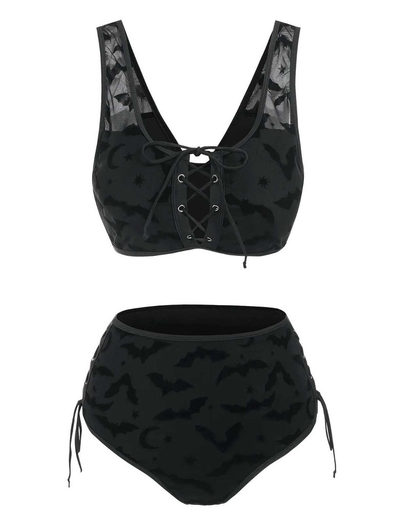 Black 1980s Strap Bat Mesh Gothic Bikini Set