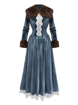 Blue 1930s Faux Fur Lace Patchwork Velvet Dress