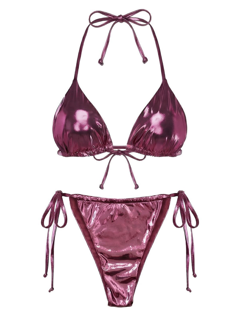 1970s Solid Halter Metallic Bikini Set