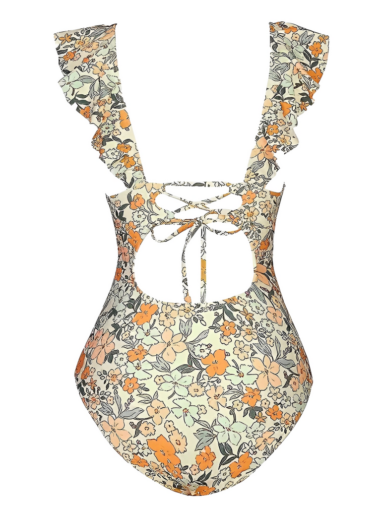 Multicolor 1950s Floral Ruffled Back Cut-Out Swimsuit