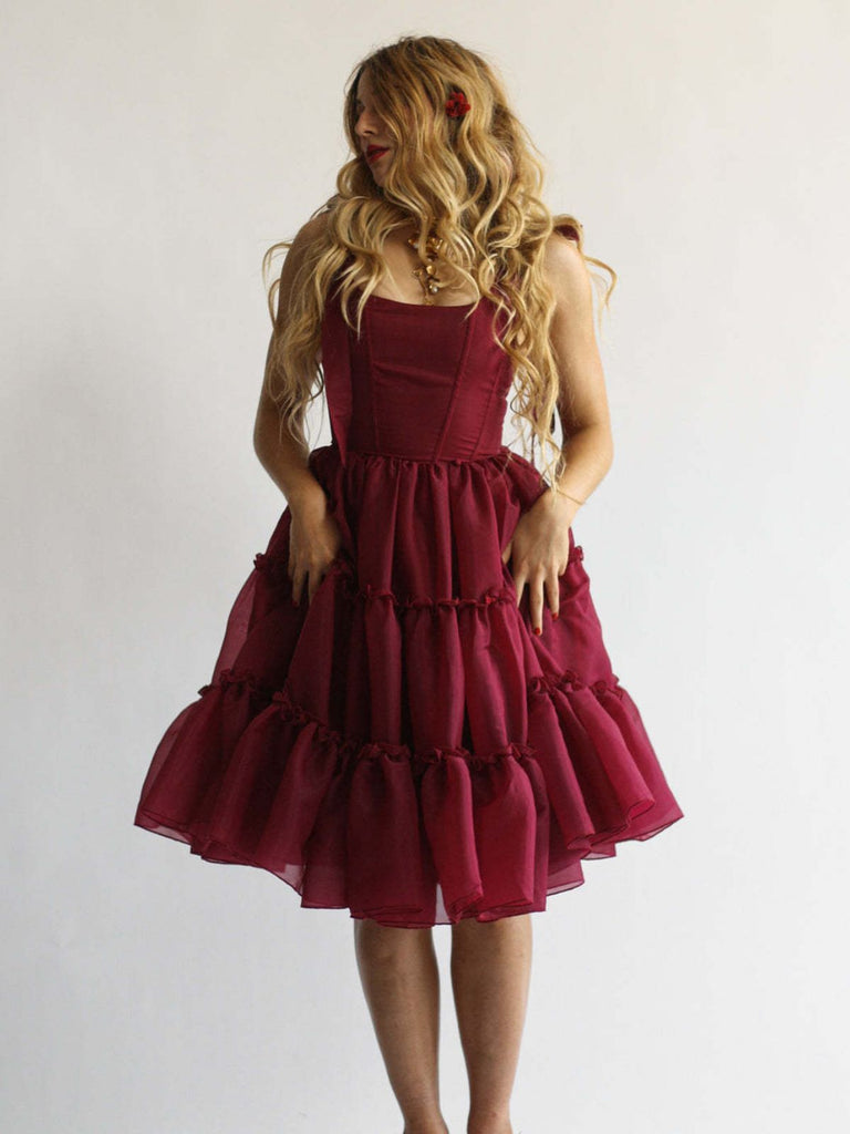 1950s Solid Multi-Layered Ruffle Tulle Dress