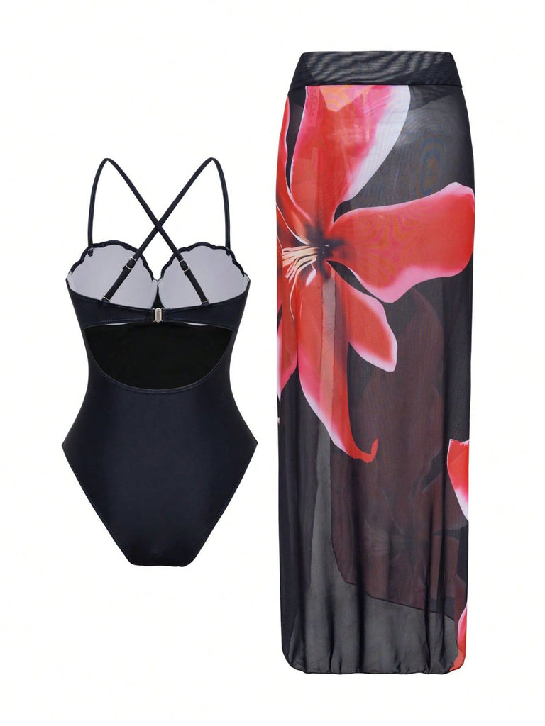 2PCS Black 1950s Floral Swimsuit & Cover-Up