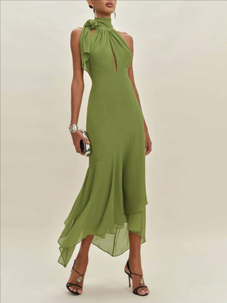 Green 1930s Halter Mesh Backless Chiffon Midi Dress