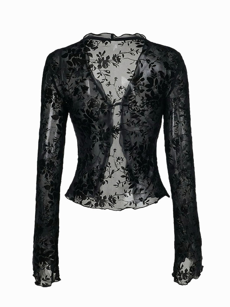 Black 1960s Water-soluble Lace Trim Sheer Blouse