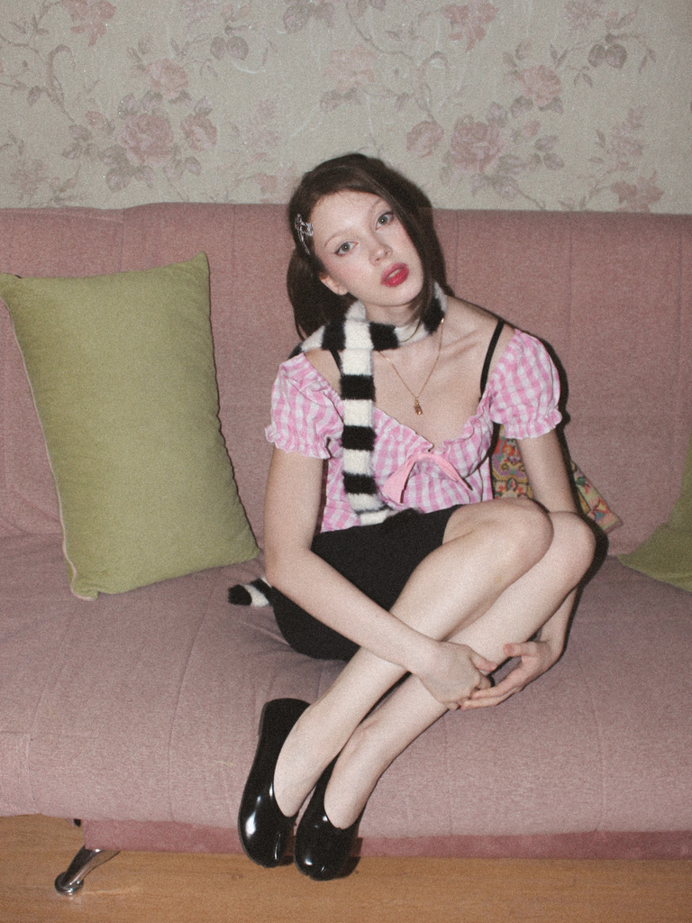 Pink 1960s Bow Gingham Ruffle Pajama Set