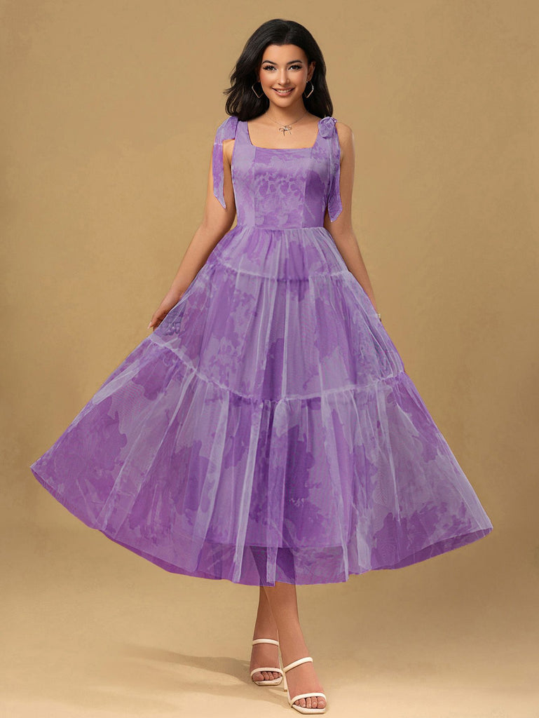 Lavender 1930s Floral Lace-Up Mesh Dress