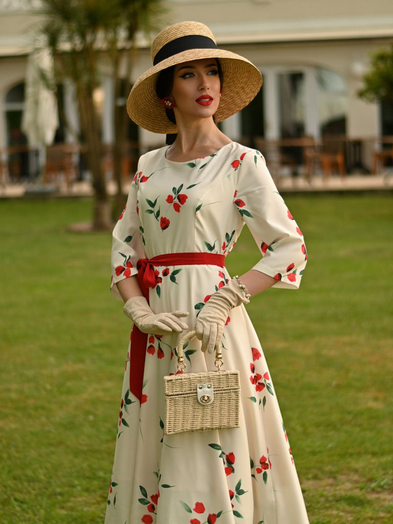 Beige 1950s Floral Half Sleeve Belted Dress