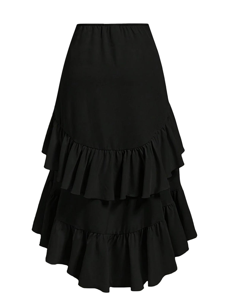 1940s High-Waist Paneled Ruffle Hem Skirt