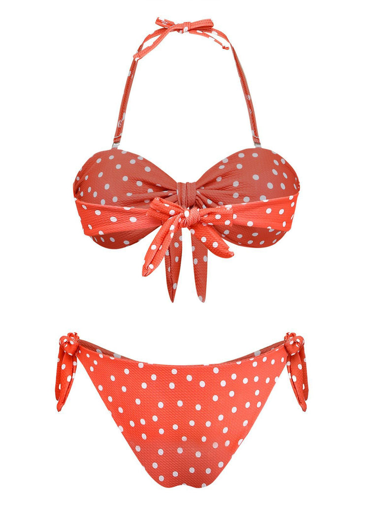 1970s Polka Dot Tie-Front Strapless Bikini Set