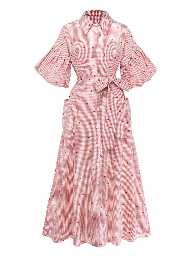Pink 1940s Plaid Heart Lantern Sleeve Belted Dress