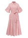 Pink 1940s Plaid Heart Lantern Sleeve Belted Dress
