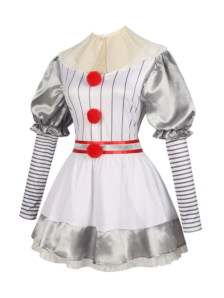 Silver 1960s Halloween IT Pennywise Striped Puff Sleeve Puffy Dress
