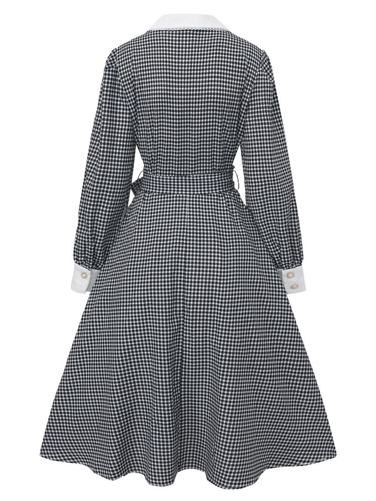 Black 1940s Houndstooth Puff-Sleeves Pearl Button Dress