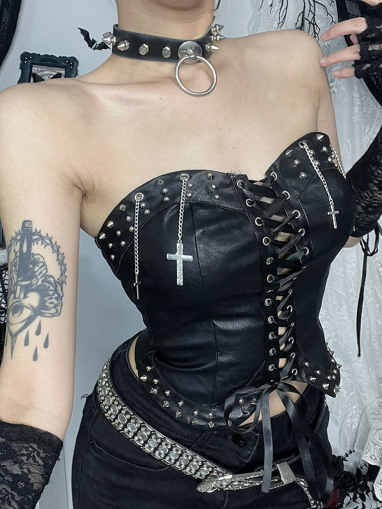 1980s Strapless Punk Leather Lace-Up Studded Top