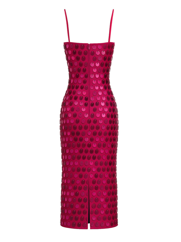 1930s Solid Sequined Back Slit Spaghetti Strap Dress