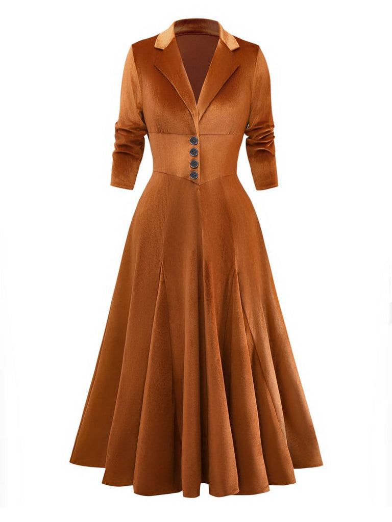 1930s Solid Button Lapel 3/4 Sleeve Dress